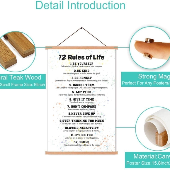 KAIRNE 12 Rules Of Life Inspirational Quote Art Print with Wooden Hanger. - Picture 2 of 6